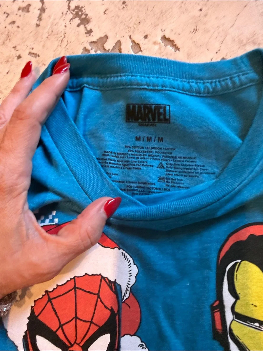 Marvel Boys Teal Holiday Superhero Tee with Red, Yellow, Green Accents - Picture 2 of 2
